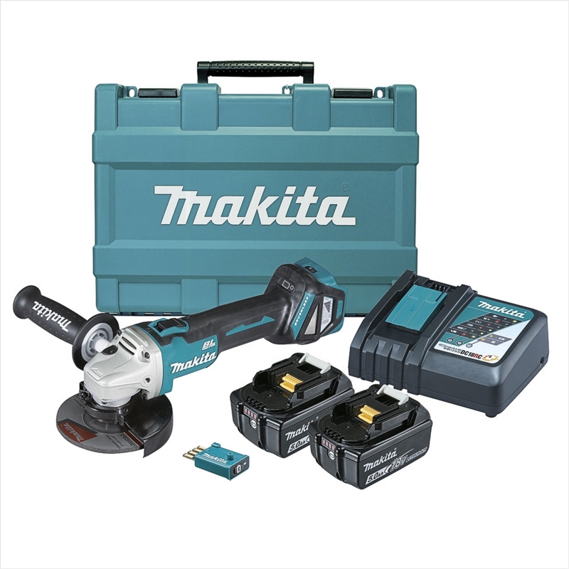 MAKITA 18V Brushless Aws 125mm Variable Speed Slide Switch Angle Grinder Kit - Includes 2 X 5.0Ah Batteries, Rapid Charger & Carry Case
