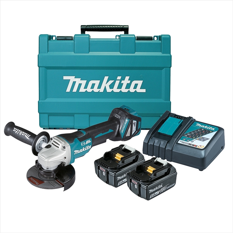 MAKITA 18V Brushless 125mm Variable Speed Paddle Switch Angle Grinder Kit - Includes 2 X 5.0Ah Batteries, Rapid Charger & Carry Case