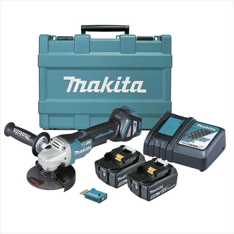 MAKITA 18V Brushless Aws 125mm Variable Speed Paddle Switch Brake Angle Grinder Kit - Includes 2 X 5.0Ah Batteries, Rapid Charger & Carry Case