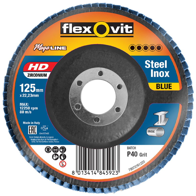 FLEXOVIT 125mm 40-Grit Zirconia INOX Angled Flap Disc - Image 2