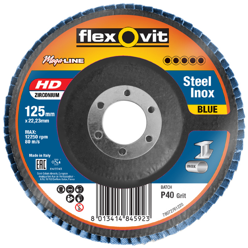 FLEXOVIT 125mm 40-Grit Zirconia INOX Angled Flap Disc