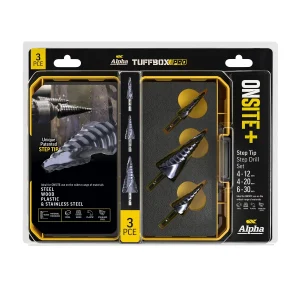 Alpha Onsite+ Step Tip Step Drill Tuffbox Set — 3 Piece ¼″ Hex Shank SM3STQRSD-B
