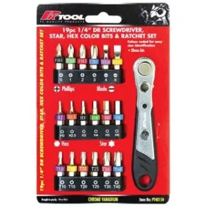 PK Tool Ratchet Driver & Bit Set 19pc 1/4" Drive PT40154